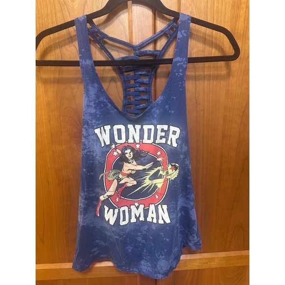 DC Comics Tops - DC Comics Wonder Woman Graphic Tank Top Blue Acid Wash Ladder Back Womens L